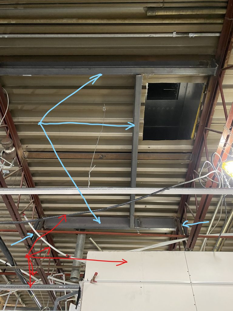 Reinforcement of open web steel joists for large HVAC Unit, Blue arrows point to reinforcements. Red arrows point to obstacles. JW Portable Welding 2021