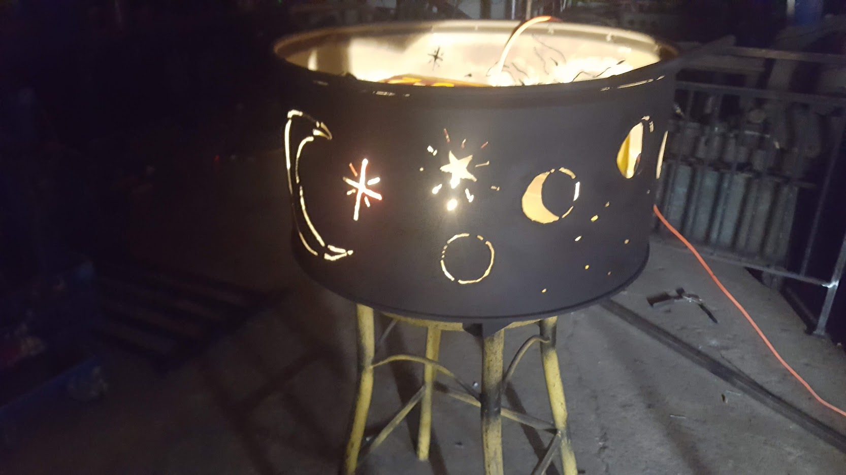 Wood fire pit with laser cut constellation of stars. JW Portable Welding & Repairs 2020 London, Ontario.