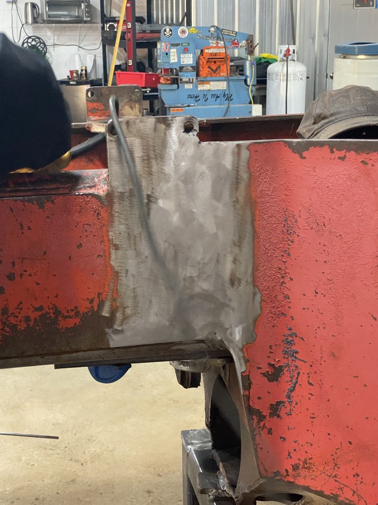 Crack 4 has been welded in the outside plate on the left hand side with repair weld and then the weld cap has been grided off flash. The surface has been cleaned from paint and the bear metal is exposed. The spot is ready for MPT testing and then for fishplate installation. August 11, 2025 for JW Portable Welding & Repairs, Lucan Ontario