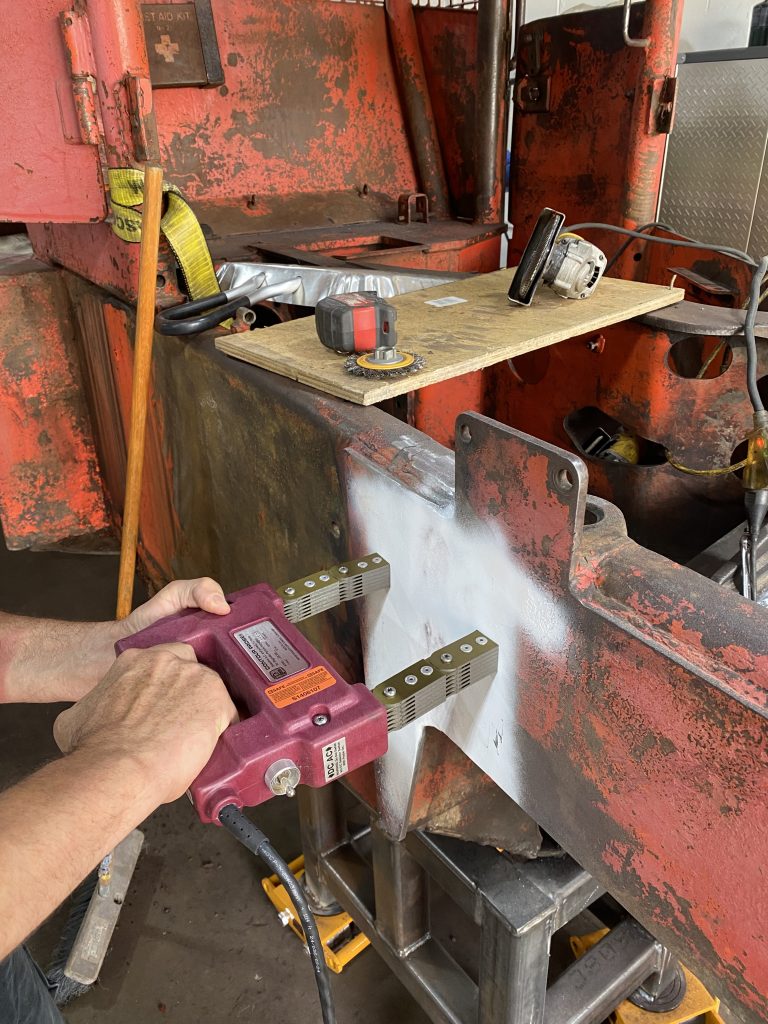 MPT testing of Area 1 on skidder's frame. August 18, 2025, for JW Portable Welding & Repairs, Lucan Ontario,