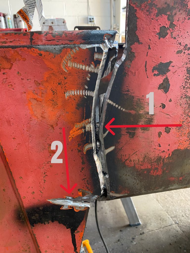 Cracks number 1 and 2 after grooving. Crack 1 in a two plate weldment has not been aligned yet. The crack 1 forms a gap of about 1.5 inch and the right side is sagging at about 1.25 inch. This alignment could be challenging. JW Portable Welding & Repairs, Lucan Ontario, August 11, 2025