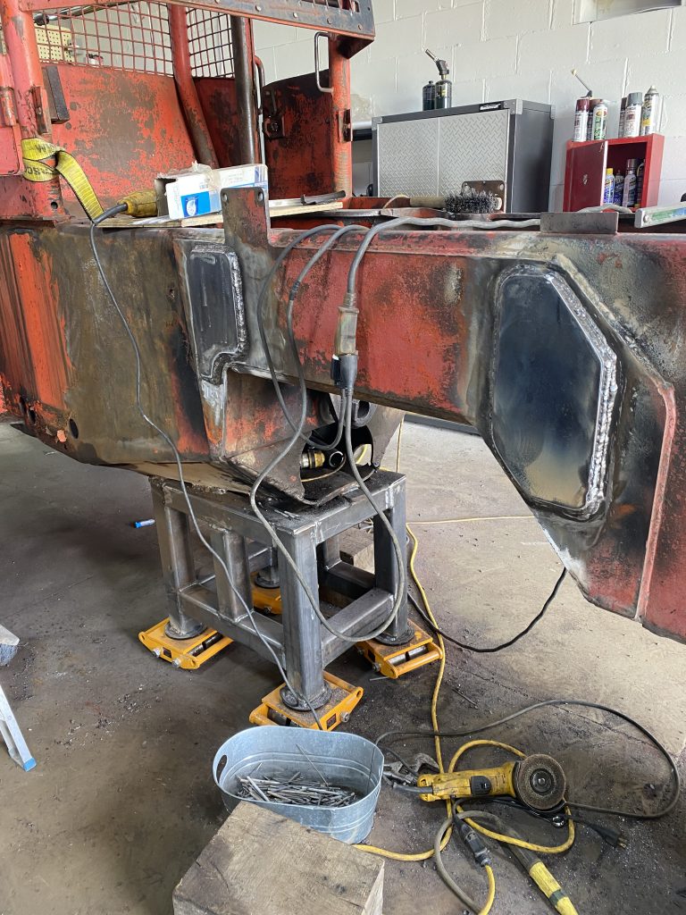 Fishplate 1 and 3 welded to cover repair welds of 1 and 3 in vertical weldment of Timberjack. JW Portable Welding & Repairs, Lucan Ontario, August 13, 2025