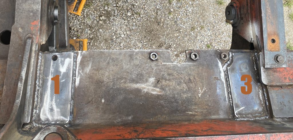 Horizontal fishplates 1 and 3 cover repair welds 1 and 3 in horizontal plane. JW Portable Welding & Repairs, Lucan Ontario August 20,2025