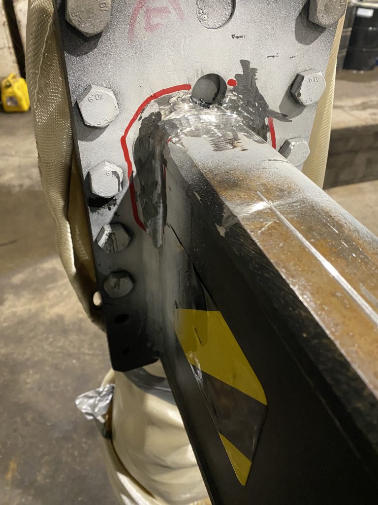 This heavy equipment repair involves welding of the crack in the outrigger of the crane. The crack location is marked in red. JW Portable Welding & Repairs London Ontario Jan 10, 2025
