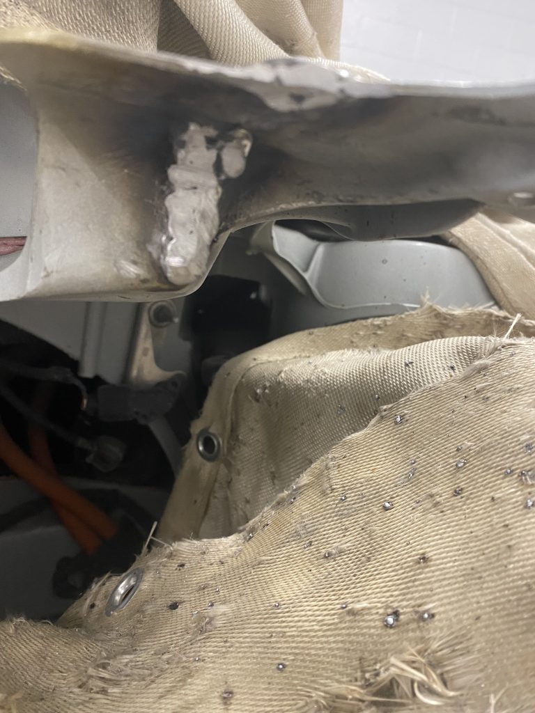 The Tesla body shop vertical weld repairs the vertical crack in the aluminum bracket in Tesla Model X. December 6, 2023 for JW Portable Welding & Repairs , Aylmer Ontario