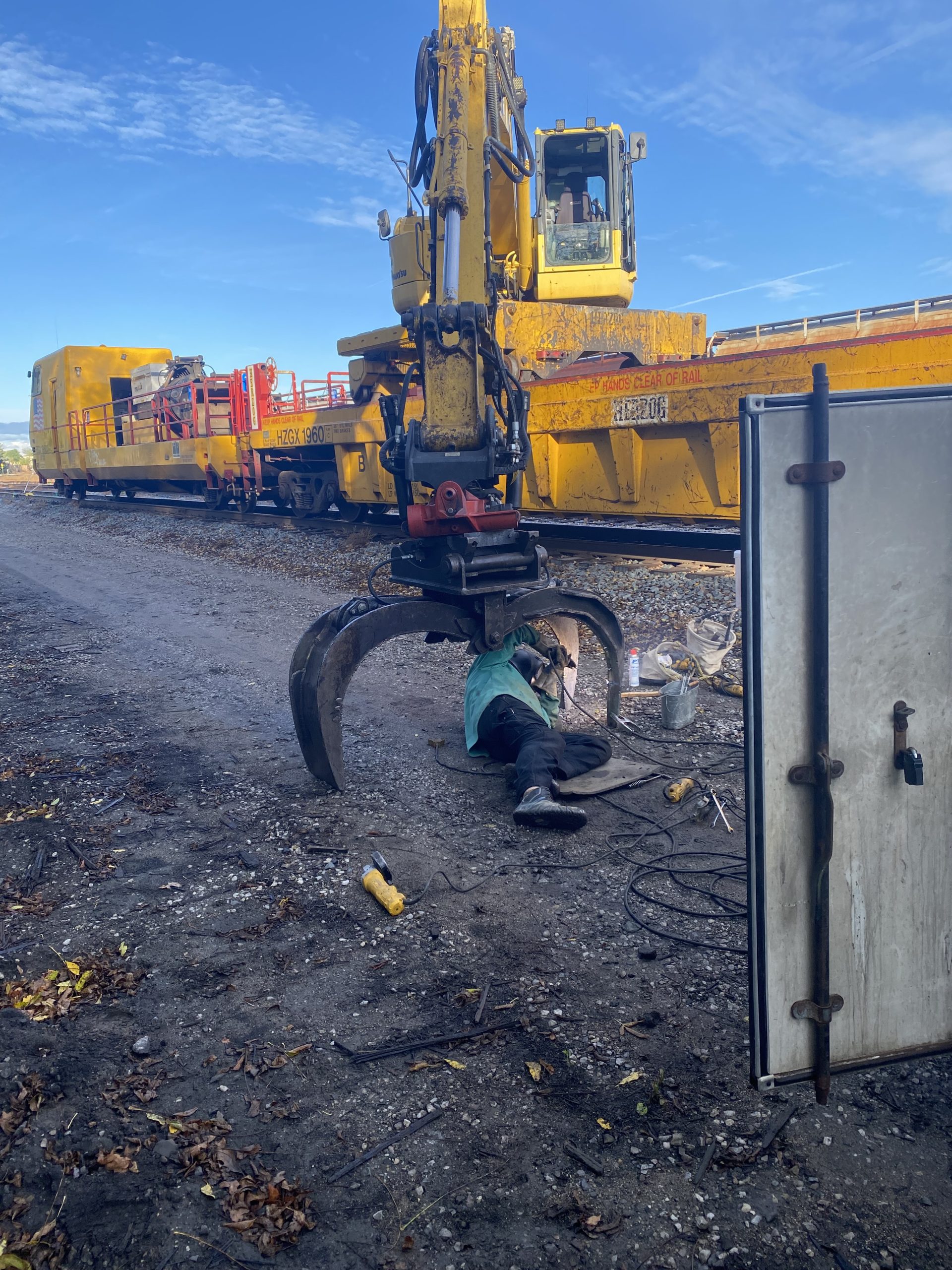 Welding cracks on the loader grapple of railway crane after grooving. London ON 2024 for JW Portable Welding & Repairs