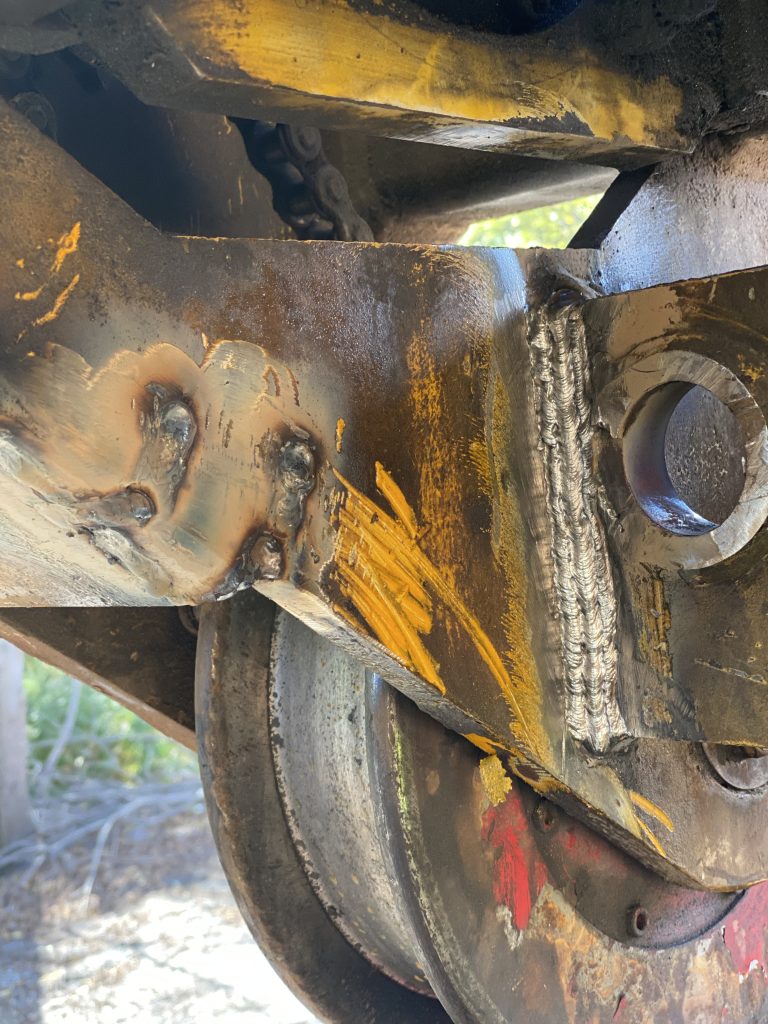 Welded vertical crack on the wheel's side frame with large 1/2" weld consisted of 4 passes. Additionally, welded 3 cracks with one pass each that will be capped with fishplate. Each plate is about 0.88 inch thick London ON, 2024, JW Portable Welding & Repairs.