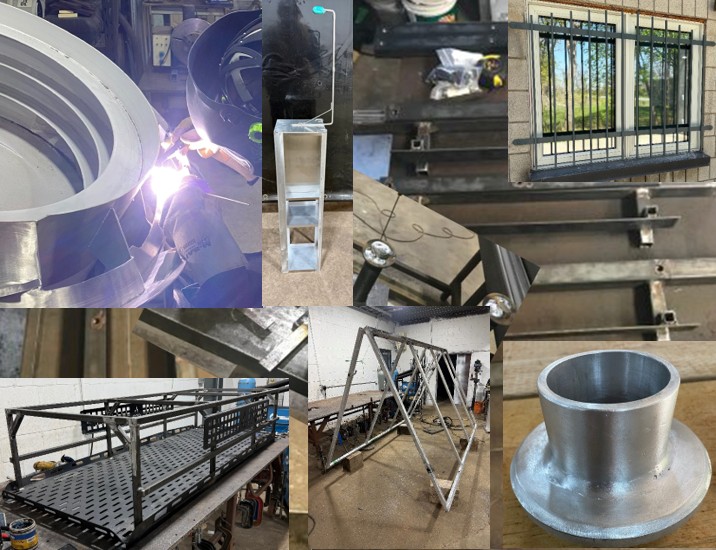 Collage of images from projects in custom, aluminum fabrication, stainless steel fabrication, and mild steel fabrication. 7 images composed the collage. All fabrication projects were accomplished by JW Portable Welding & Repairs in our fabrication shop in Lucan. Ontario. For JW Portable Welding & Repairs, 2026, Lucan