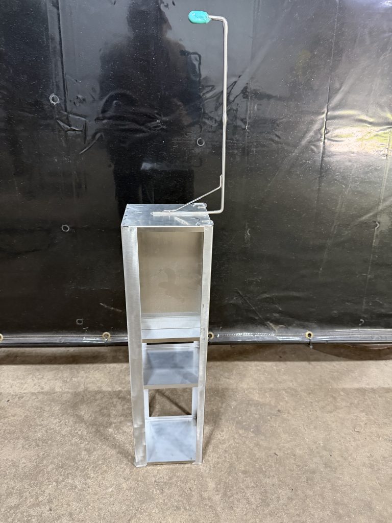 Hanger in 316 stainless for liquid nitrogen storage of human tissue. The main body is built from very thin 316 stainless and the handle is from 1/4 inch stainless. Joining these two thickness is not an easy task. For JW Portable Welding & Repairs, Lucan, 2025