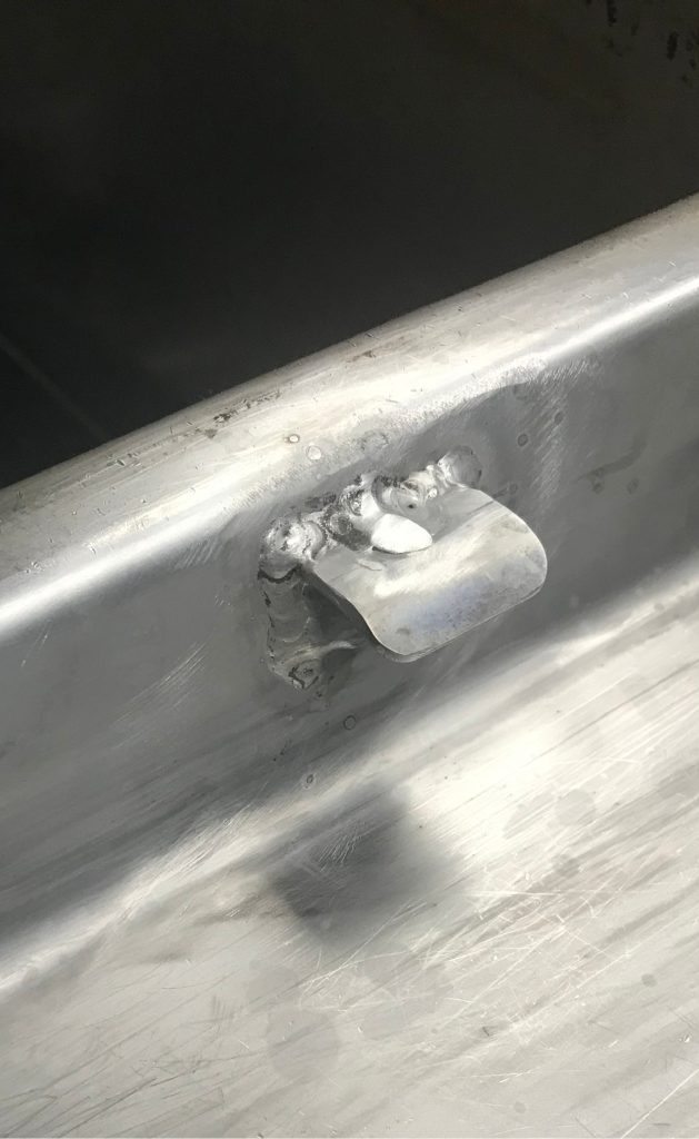 Restaurant equipment repair. Mobile GTAW, locking device on the restaurant equipment with the strengthener positioned on top. The strengthener will reduce the vibration fatigue acting on the base weld. For JW Portable Welding & Repair, 2016, London