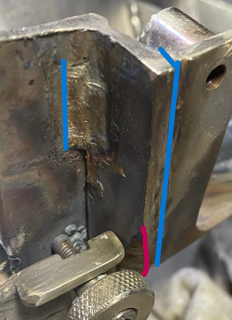 Pharmaceutical equipment repair and modifications prior polishing. Welded 2 stainless steel fillet welds, butt weld and knob modification. All welds with GTAW stainless 318. The blue lines indicate the accomplished tasks and the red line indicate improvements area. For JW Portable Welding & Repair, 2025, Lucan