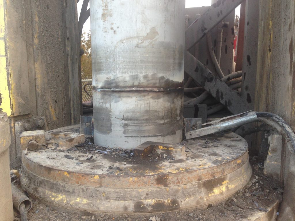Stainless steel welding of 18 inch sleeves. The 2 stainless steel sleaves are being welded with 308 stainless rod while positioned in the water drill rig. The welds are horizontal and they are not finished yet. For JW Portable Welding & Repairs, 2020, Dutton