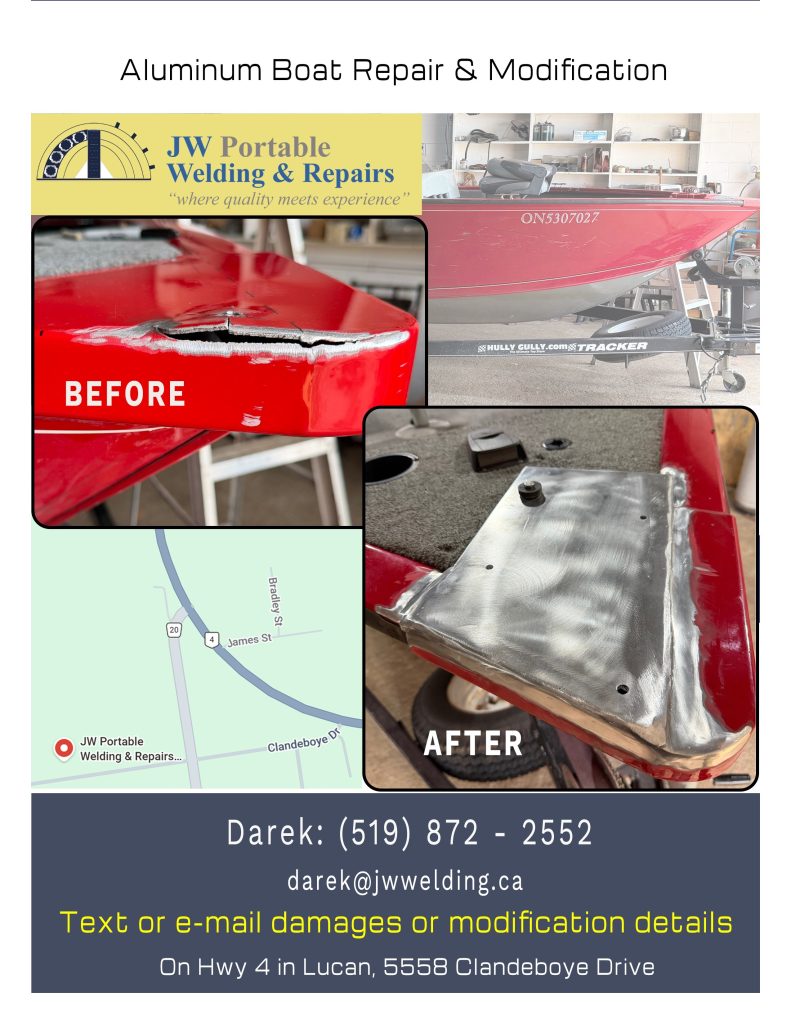 JW Portable Welding & Repairs flyer sent to marinas in Ontario. It contains logo, images of red aluminum boat being repaired, map of our shop location taken from google and all contact information