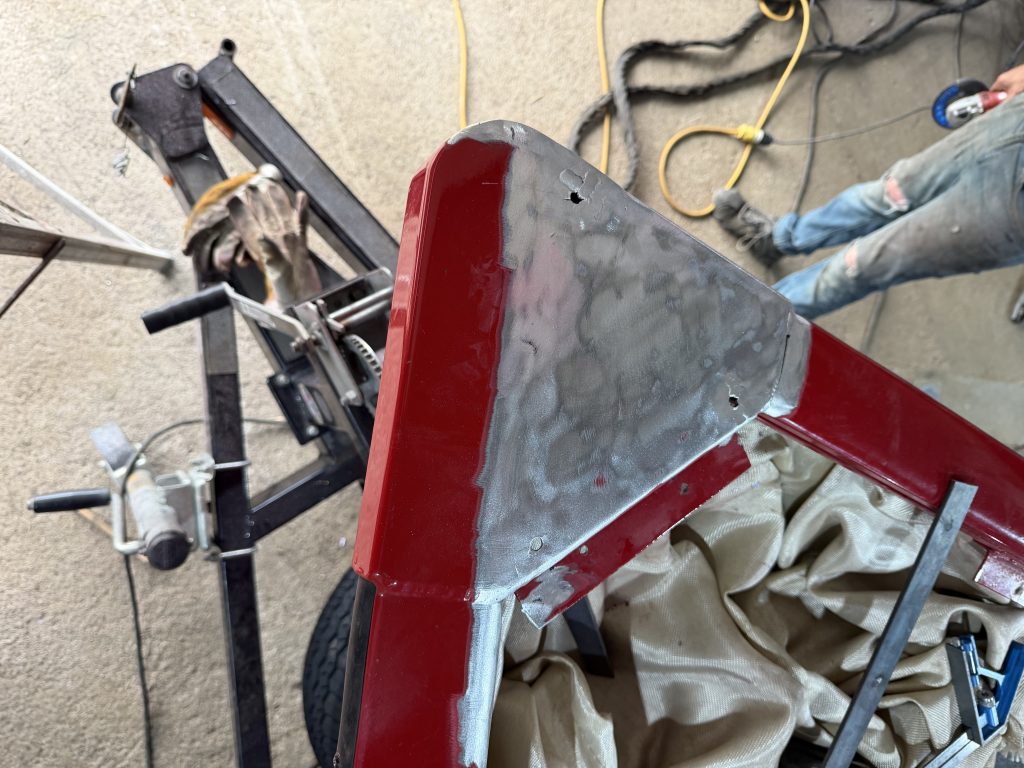 Preparing the base prior welding is very important in aluminum boat repair process. And it is the key to successful welding of aluminum modification. The base preparation involves removal of paint and welding existing cracks . The removal of paint without damaging already damaged aluminum surface and without removing aluminum from the base requires special abrasives and it is an art. When the paint has been removed, we have welded all cracks and then we have buffed weld caps out to accommodate the aluminum plate. JW Portable Welding & Repair, Lucan, 2026.